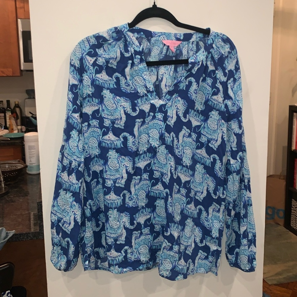 Lilly Pulitzer Martinique Tunic top blue Joy Ride Elephant Print size Small